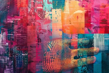 An abstract digital collage with enhanced colors, featuring a fingerprint pattern and copy space on the right