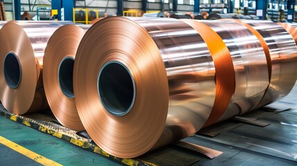 Obraz premium Copper Sheet Metal Rolls in Warehouse Storage