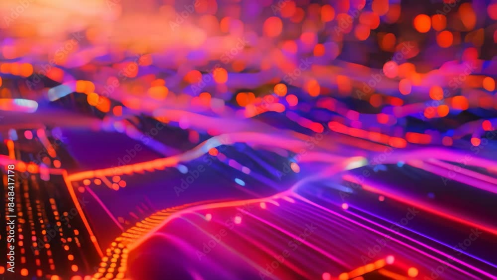Poster Computer-generated colorful lines symbolizing data processing and information flow, An abstract representation of data processing in a digital landscape