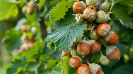 Ripe Hazelnuts on Branches of Hazelnut Tree