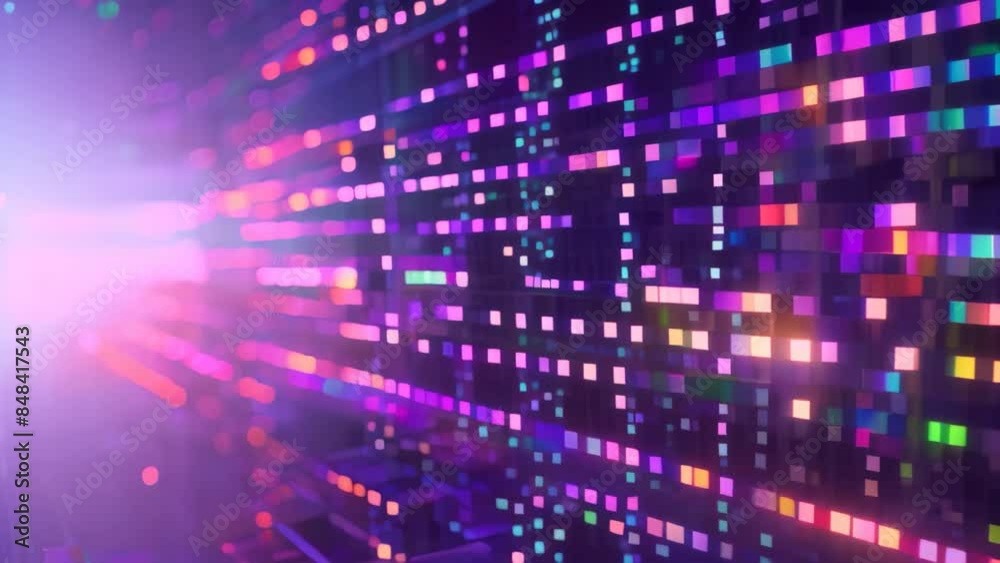 Poster computer screen displaying numerous lines representing abstract data streams and digital information