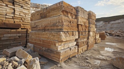 Rough Stone Blocks in Quarry Industrial Background