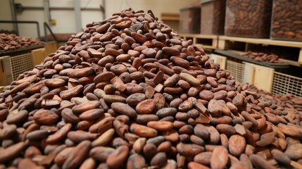 Raw Cocoa Beans Piled in Chocolate Factory Storage  Brown and Green Tones