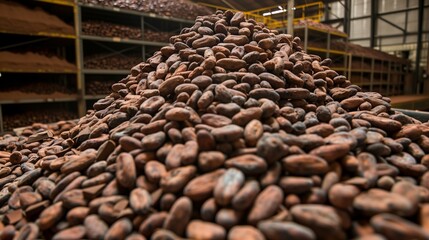 Raw Cocoa Beans Piled in Chocolate Factory Storage  Brown and Green Tones