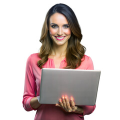 Naklejka premium Smiling woman with laptop on transparent background