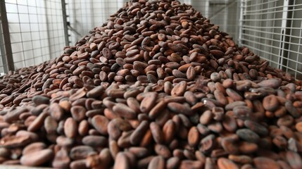 Raw Cocoa Beans Piled in Chocolate Factory Storage