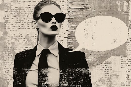 A vintage-style collage with a black and white portrait of a woman in a suit, her open smile anticipating your words in the large speech bubble.
