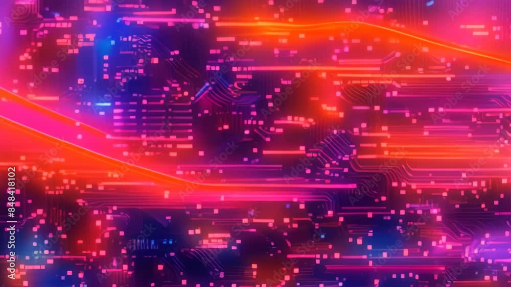 Poster a computer circuit board glowing with various colored lights, an abstract representation of the inne