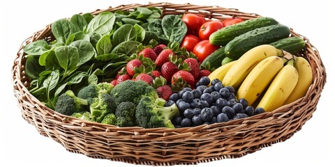 A wicker basket filled with fresh fruits and vegetables including bananas, cucumbers, tomatoes, blueberries, strawberries, broccoli, and spinach, white background
