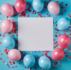 Blue and Pink Balloons Surrounding White Card on Blue Background With Confetti