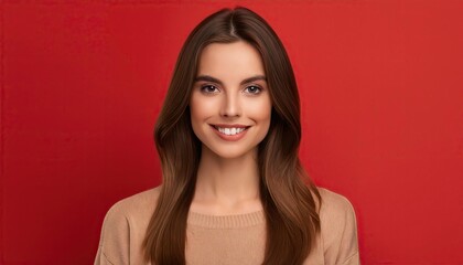 Obraz premium Woman with long brown hair is smiling and looking at the camera isolated on red background