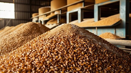 Unprocessed Wheat Piles in Flour Mill Agricultural Industry Concept