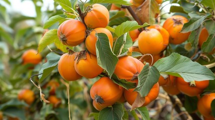Ripe persimmon fruits on tree vibrant orange harvest