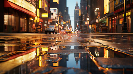 Fototapeta premium City street with puddles after rain, capturing the rain-soaked holes and potholes on the road.
