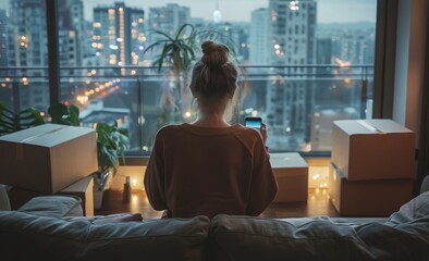 Woman Using Phone While Sitting On Bed In Apartment With City View At Dusk