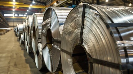 Industrial Metal Coils Wrapped in Plastic Packaging in Warehouse