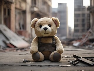 A brown teddy bear sits alone in a war-torn city, surrounded by debris and destruction