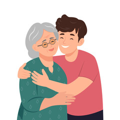 Happy young man hugging her old mother with love. Mother and grown up son.  Friendly family relationship. Vector flat illustration