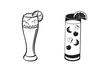 A glass of fruit drink with a lemon, orange, black white silhouette work art