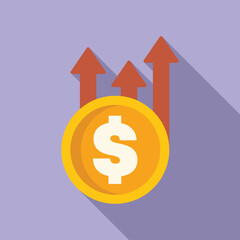 Dollar coin is increasing in value with three upward arrows, depicting economic growth