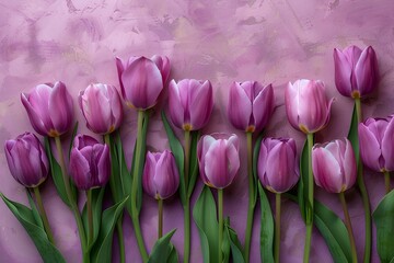 Fototapeta premium A group of purple tulips on a pink background