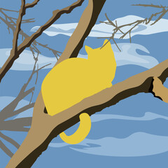 A red cat is sitting on a tree branch against the sky. The illustration is executed in mostly cool colors. The image conveys calmness, meditation, playfulness, and comfort.