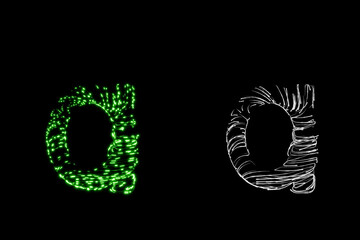 Small letter a made of many thin transparent tubes with green neon light lines inside with clipping mask, 3d rendering