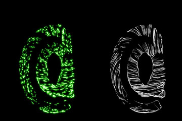 At sign made of many thin transparent tubes with green neon light lines inside with clipping mask, 3d rendering