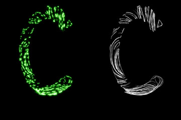 Letter C made of many thin transparent tubes with green neon light lines inside with clipping mask, 3d rendering