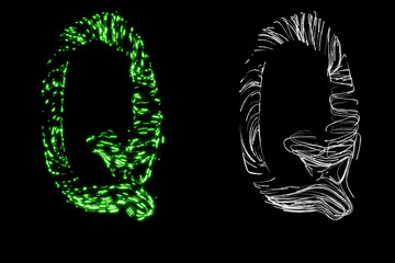 Letter Q made of many thin transparent tubes with green neon light lines inside with clipping mask, 3d rendering