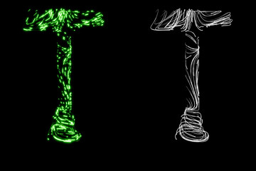 Letter T made of many thin transparent tubes with green neon light lines inside with clipping mask, 3d rendering