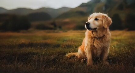 Golden Retriever Sitting in a Serene Meadow at Dusk