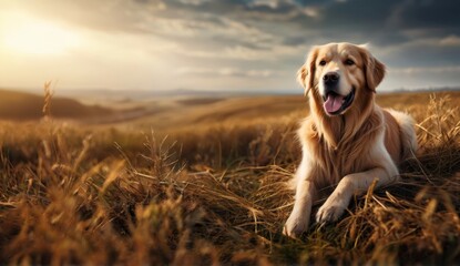 Golden Retriever Enjoying Sunset in the Countryside