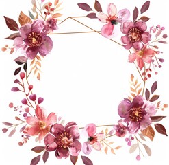 Watercolor flower wreath with pink and burgundy flowers 
