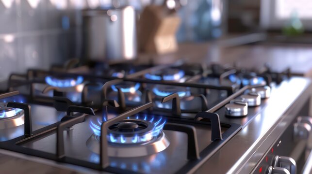 Modern kitchen stove cook. Gas flame close up on the gas stove. Generative AI