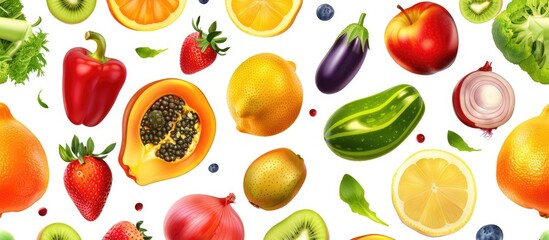 Bright and colorful fruits and vegetables arranged in a seamless horizontal pattern on a white background.