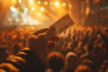 A hand holds a concert ticket in front of a blurry crowd of people at a live music event