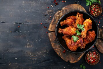 Close-up top-down view of crispy fried chicken drumsticks on a black plate, against a dark wooden background. Garnished with parsley for color and freshness