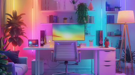 Modern Work desk with colored led light - Smart home.