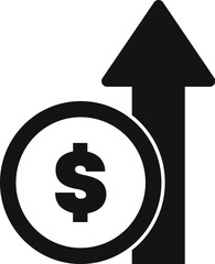 Black and white icon of a dollar sign increasing its value with an upward arrow