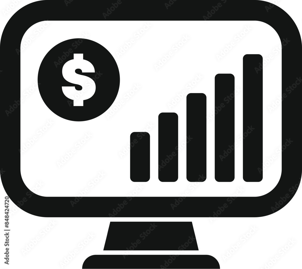 Poster simple icon representing a computer screen displaying a financial chart growing up with a dollar sig