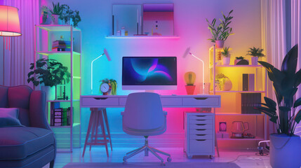 Modern Work desk with colored led light - Smart home.