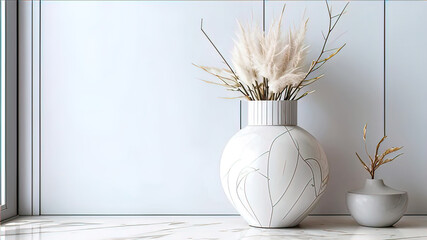 modern white ceramic vase on marble mantel, large room with white walls,
