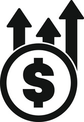 Simple black and white icon of a dollar sign increasing, indicating growing profit