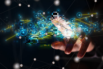 Neural network 3D illustration. Big data and cybersecurity