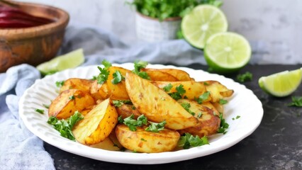 Potato slices baked in spices. Everything is sprinkled with herbs. There is a sauce nearby.