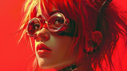 Fototapeta premium Close up view of short red hair cyberpunk night girl, with angry face. Ai generated image