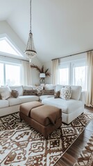 a large white linen corner sofa adorned with brown and beige pillows, resting atop an ottoman covered in the same patterned rug.