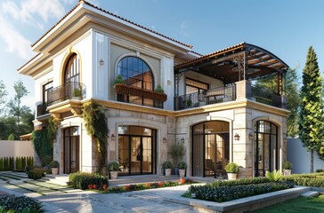 Modern Stone Mansion With Balconies and Lush Greenery