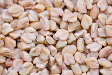 Close-up image of split fenugreek seeds, also known as Methi Kuria, which are cracked fenugreek seeds commonly used in Indian pickle recipes.